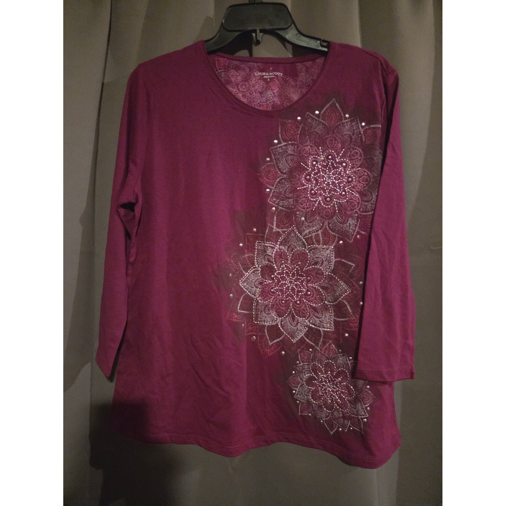 Laura Scott Top Women L Floral Rhinestone 3/4 Sleeve Boho CottageCore Metallic